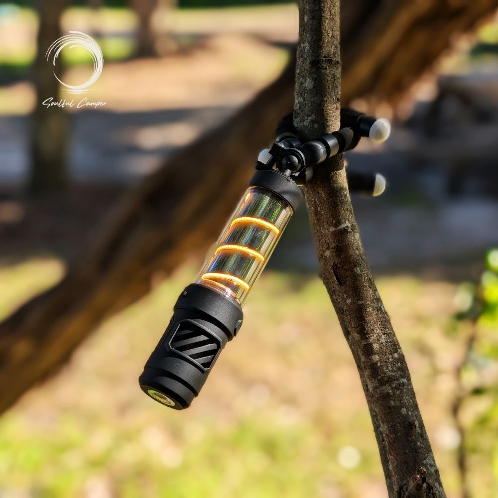 Full view of Silent Lantern mounted on tree using Fleximount