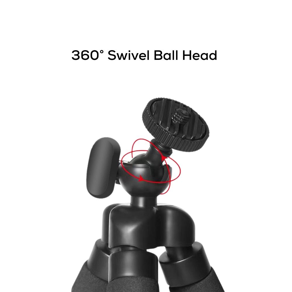 360-degree swivel ball head on FlexiMount tripod for adjustable angles