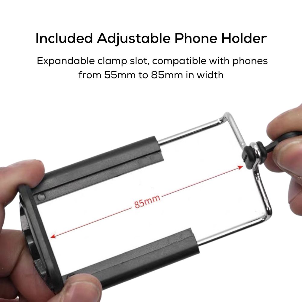 Adjustable phone holder attachment included with FlexiMount tripod, fits phones 55mm to 85mm wide.
